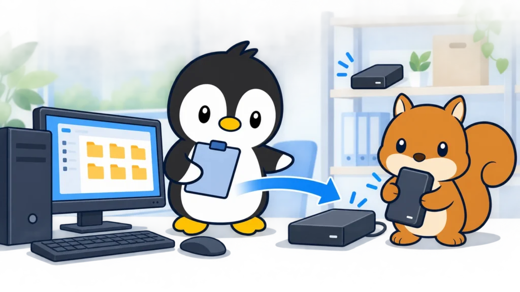 Windows PCから外付けドライブへ定期的にデータをコピーし、別のドライブも保管する様子をアイペンちゃんとリスが確認しているイラスト