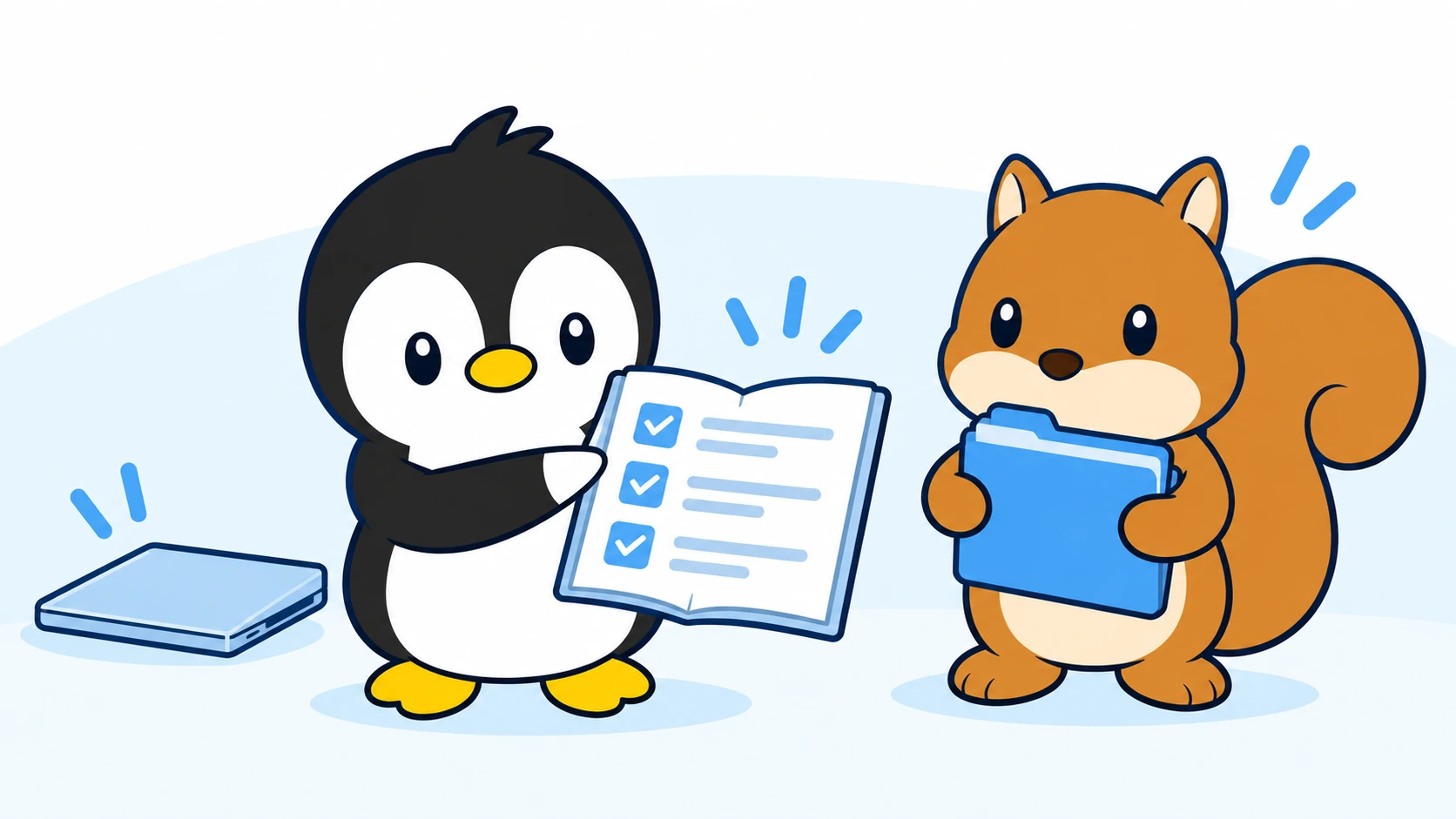 保存した手順書を確認するアイペンちゃんと、資料を運ぶリス